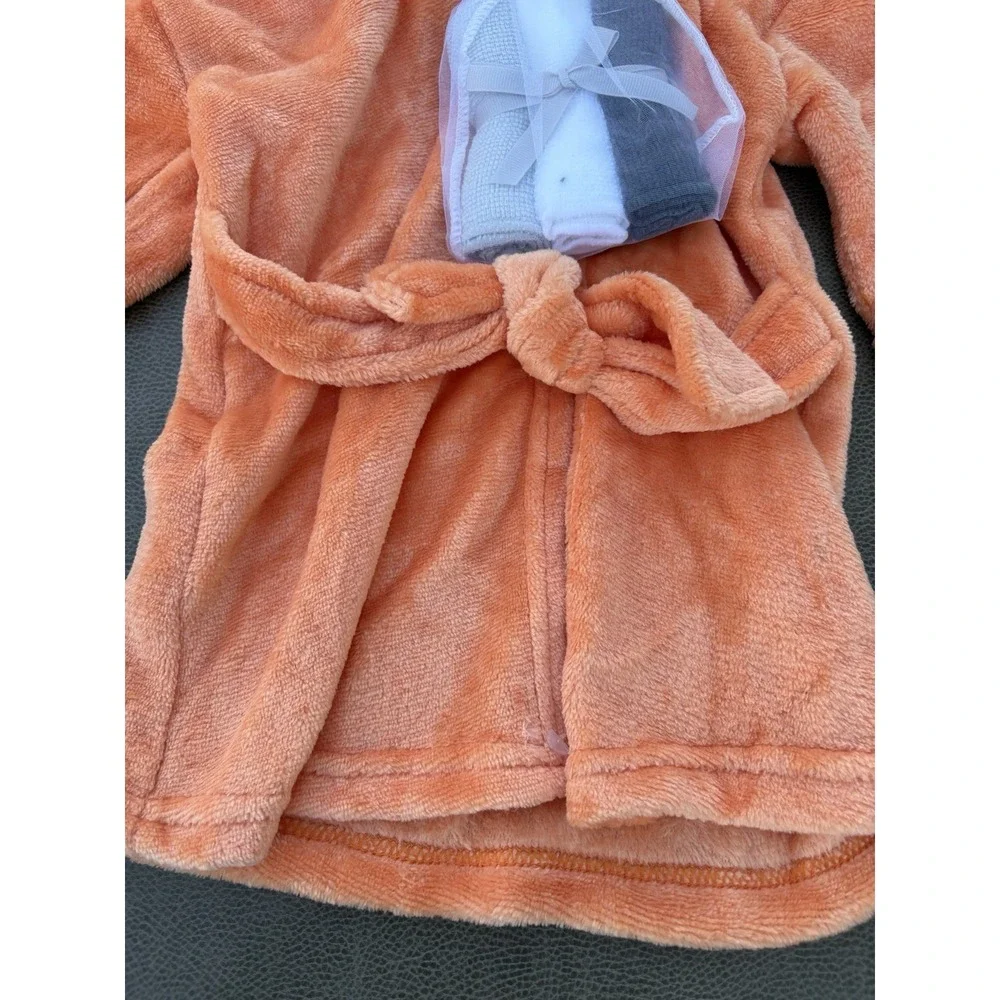 Modern Baby Pumpkin Robe Hooded Bath Set 3 Washcloths Orange Black 0-9 Months